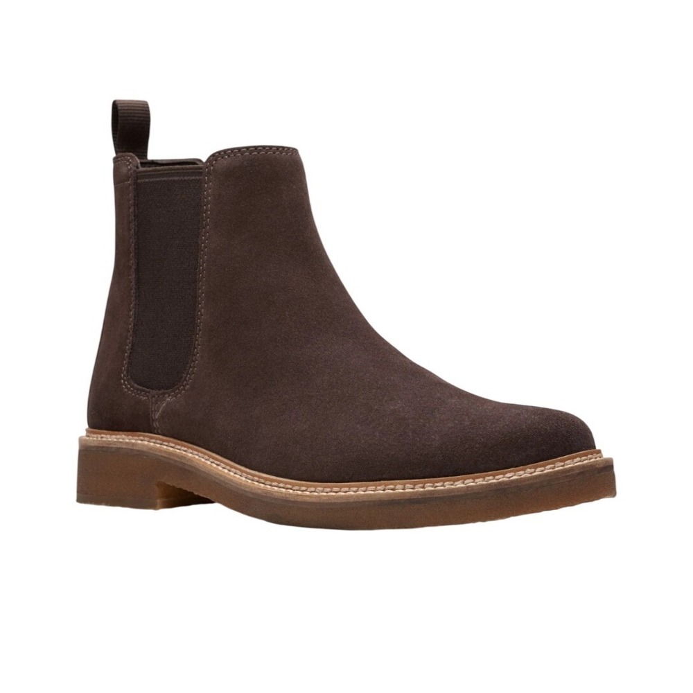 Clarks Chelsea Boot Mens 8 Clarkdale Gobi Dark Brown Suede Ankle Pull On EUC